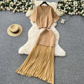 Sophisticated two-piece dress set:  summer collection - premium short-sleeve knit top & high-waisted pleated midi skirt