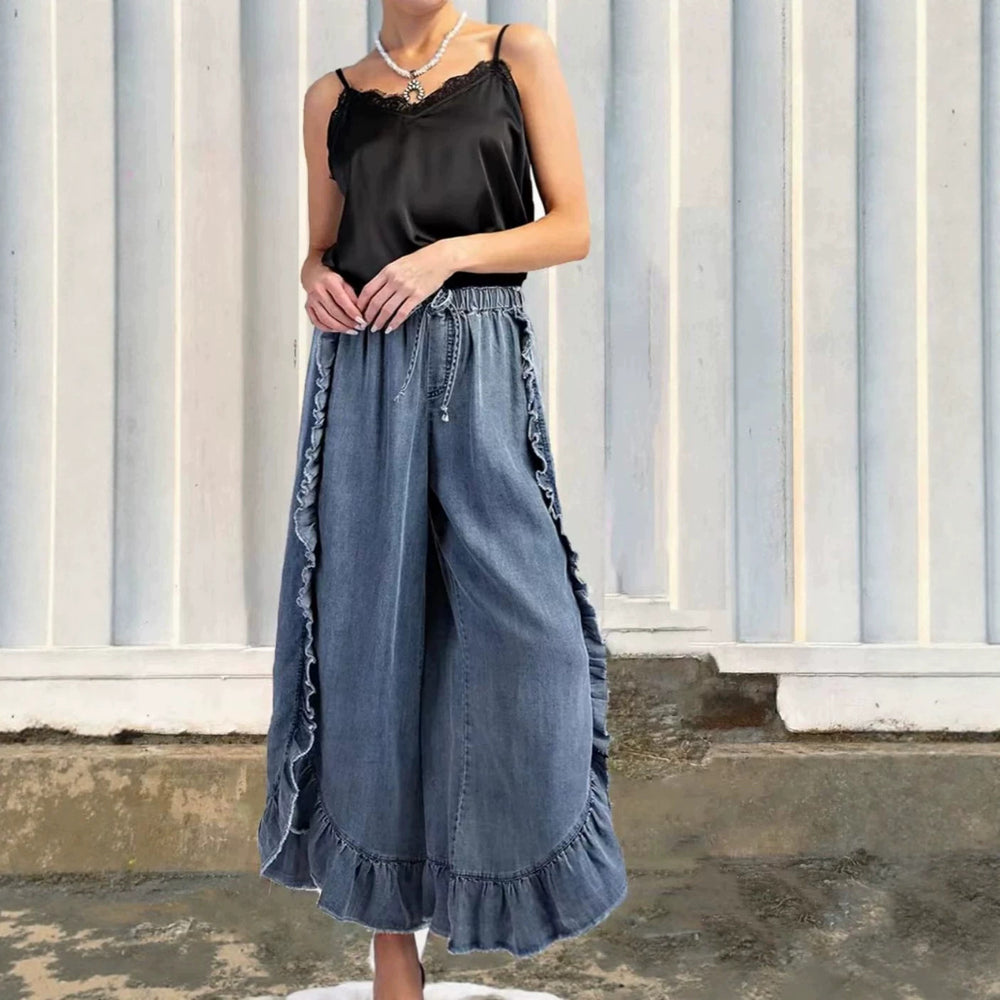 Amazon cross-border ins new european and american women's summer washed cotton denim ruffles raw edge flared pants