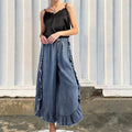 Amazon cross-border ins new european and american women's summer washed cotton denim ruffles raw edge flared pants