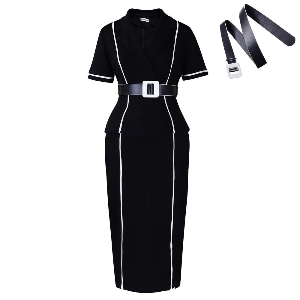 D587 european and american style women's  new fashion short-sleeve blazer collar high-waisted ruffle trim export ol cross-border dress