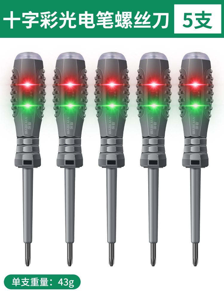 Electrician's multifunctional test pen - household use, cross & slotted, led breakpoint detection, rubberized grip, inspection with magnetic screwdriver