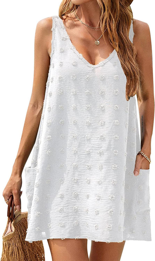 summer casual big hairball beach blouse V tie pocket sleeveless loose dress vest skirt women