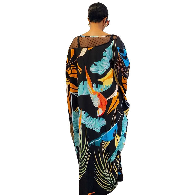 Special offer: digital print mesh panel batwing sleeve beaded loose fit crew neck plus size women's dress