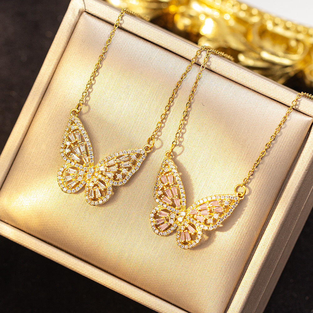 [titanium steel] internet celebrity new butterfly necklace for women electroplated hollow high-end copper micro-embedded light luxury sweater chain jewelry