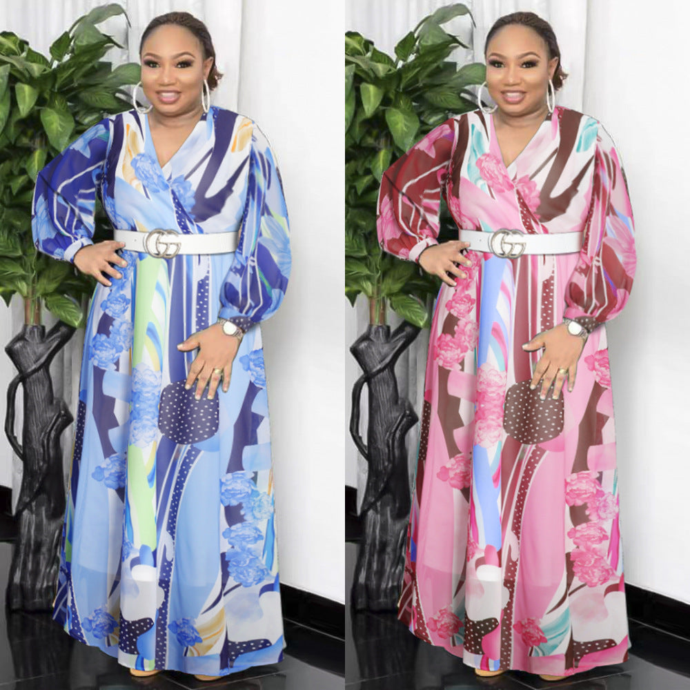 African plus sizeexportnew arrival women's chiffon   v neckprinting large swing long sleevesdress
