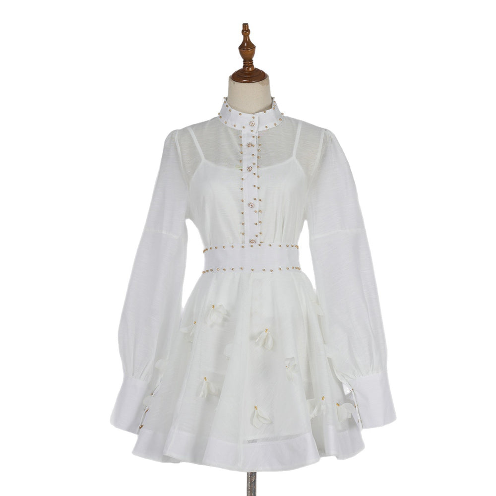 Export spring and summer stand-up collar lantern long sleeves waist single-breasted beaded shirt tops+a-line skirt skirt suit