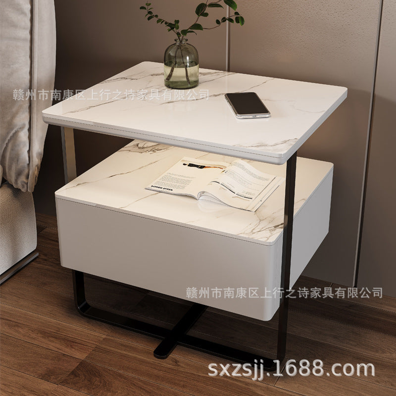 Smart white bedside table - minimalist bedroom nightstand with rock slab texture, tempered glass, solid wood, wireless charging, and storage