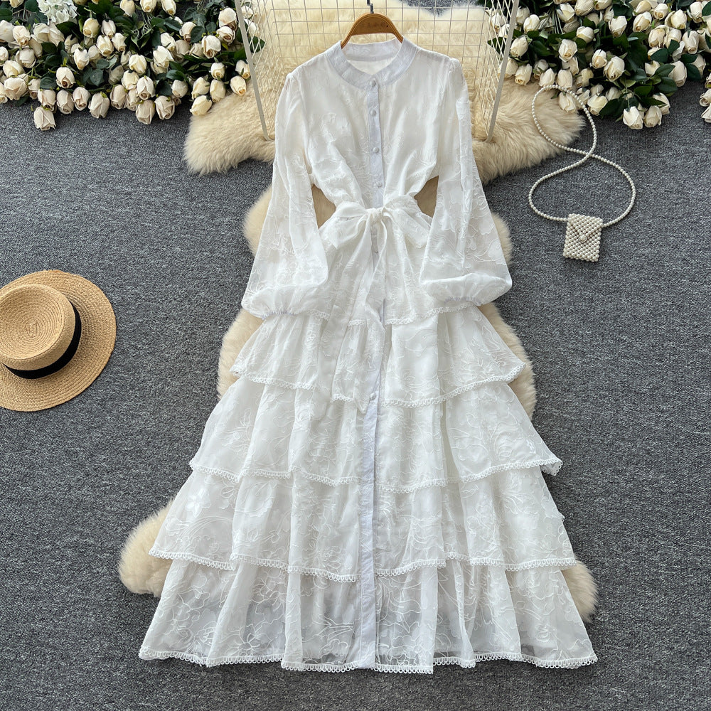 French chic lace patchwork tie-waist ruffle hem dress - women's autumn slimming elegant maxi dress