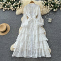 French chic lace patchwork tie-waist ruffle hem dress - women's autumn slimming elegant maxi dress