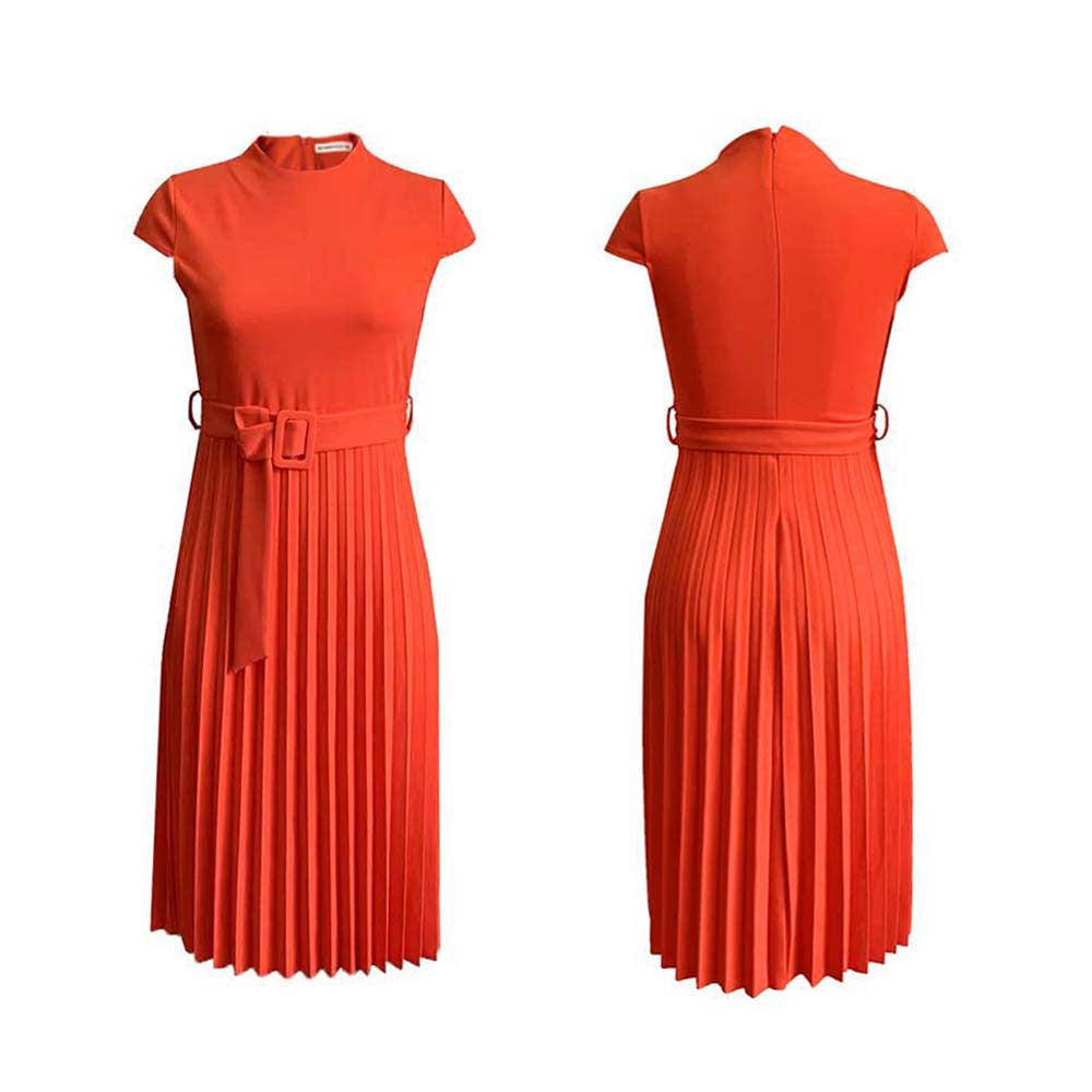 D3116 cross-border e-commerce  summer short-sleeve solid color fashion tie-waist pleated slim-fit european and american style dress