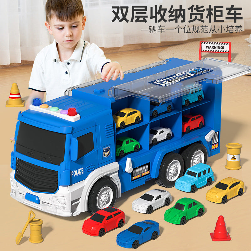 Boys' transforming storage double-decker container truck 2-in-1 track car building with lights, music, educational electric toy