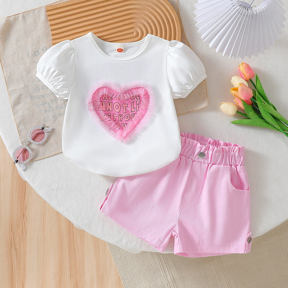 cross-border girls' fresh & sweet mesh print crewneck top + casual shorts set - toddler outfit