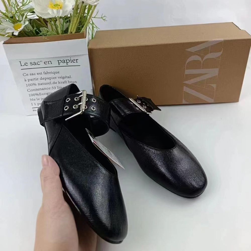 Za2024 new spring black mary jane flats with buckle strap - round toe ballet shoes