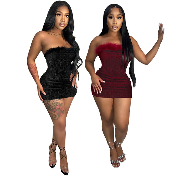 Weimeko  wishes the new velvet shiny fabric hairy edge dress party fashion dress women