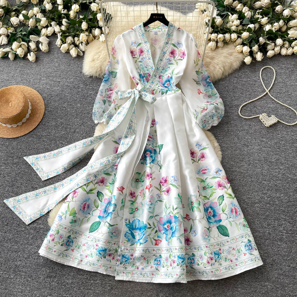 Vintage court style v-neck lantern sleeve printed dress - women's summer tie-waist slimming maxi dress with elegant flare