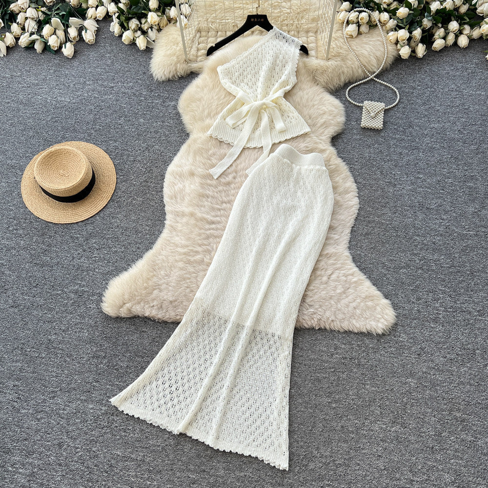 Vacation style knitting vest sleeveless high waist skirt women's summer silmslimming lookwork clothingeleganceeleganttwo-piece set