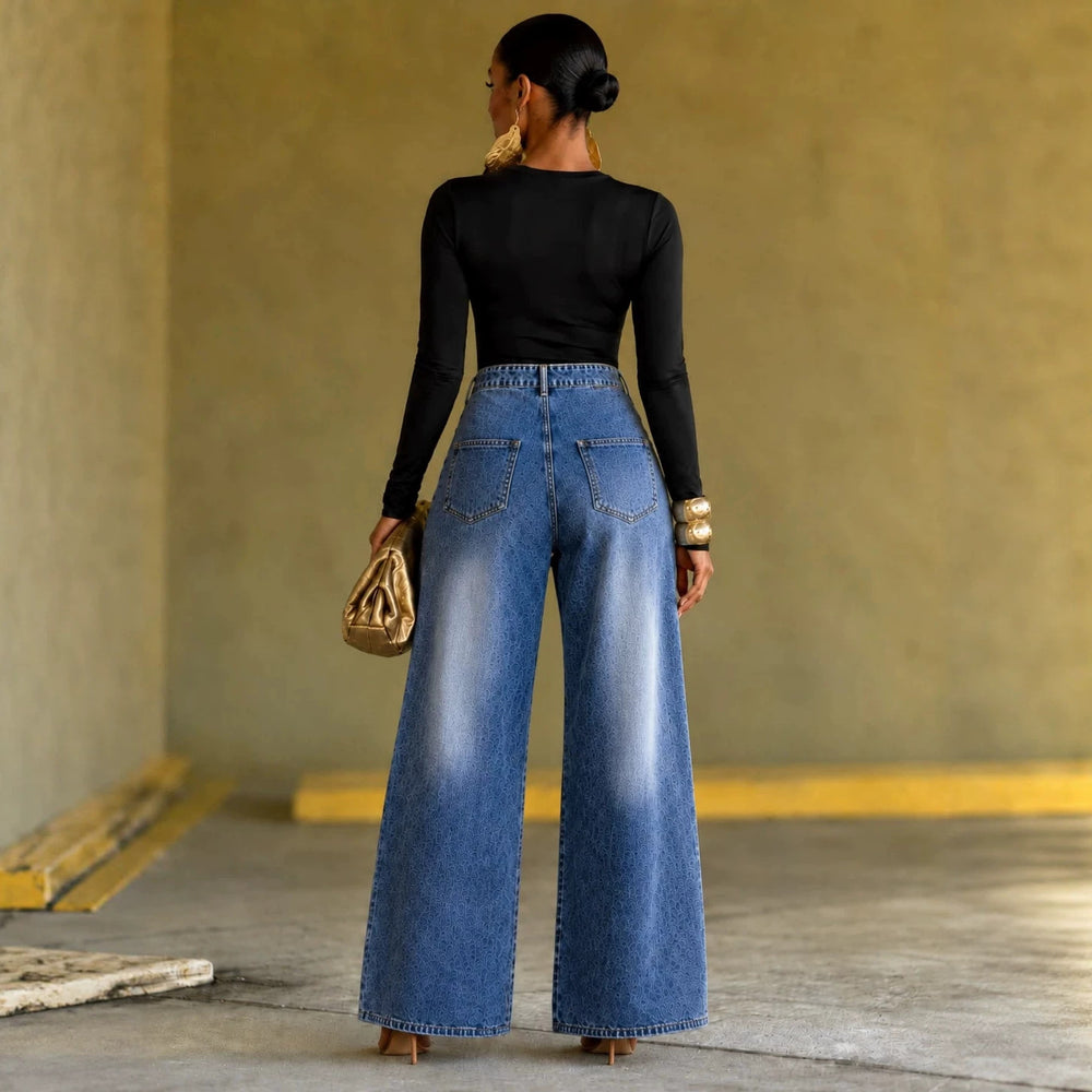 Fashionjeans women's polished diagonal wrap wide-leg mopretro washed leather label niche style trendy denim pants