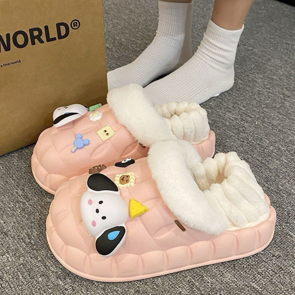 2025 cotton slippers - removable & washable, women's winter home & outdoor wear, thick sole, closed heel, fleece-lined, cartoon design, warm & cozy