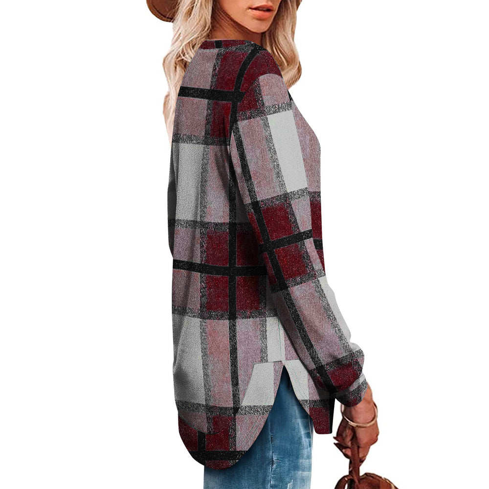new women's casual loose plaid long sleeve crew neck irregular hem top - perfect for cross-border  sales