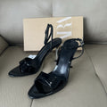 Spain 2025 summer new one-strap peep-toe hollow-out sandals, denim pointed-toe stiletto heels with metallic finish