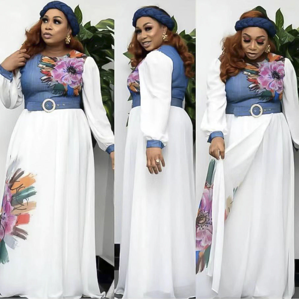 African women's plus size new fashion elegant high waist slimming printed long sleeve dress - cross-border supply, ready stock