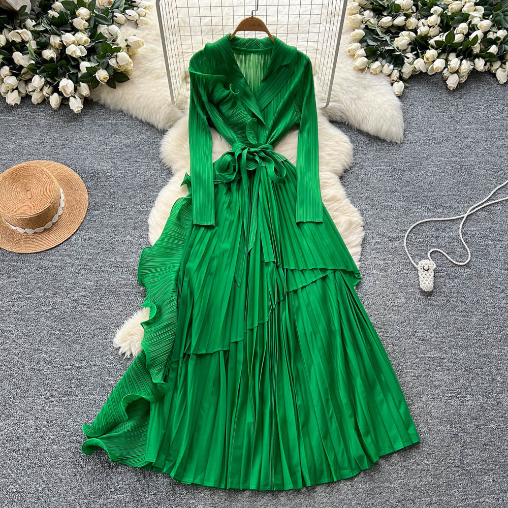 Miya pleated european and american dress women's  autumn sense of design strappy waist suit collar asymmetrical long skirt