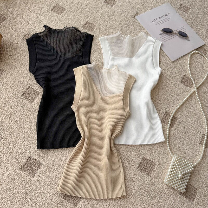 Sweet work clothing style half mesh high collar camisole women's summer outwear silmslimming lookknitting sleeveless tops