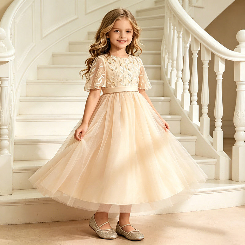 European and american style girls' formal dress, european puffy skirt, elegant and graceful children's dress, short-sleeved tulle skirt, long children's clothing