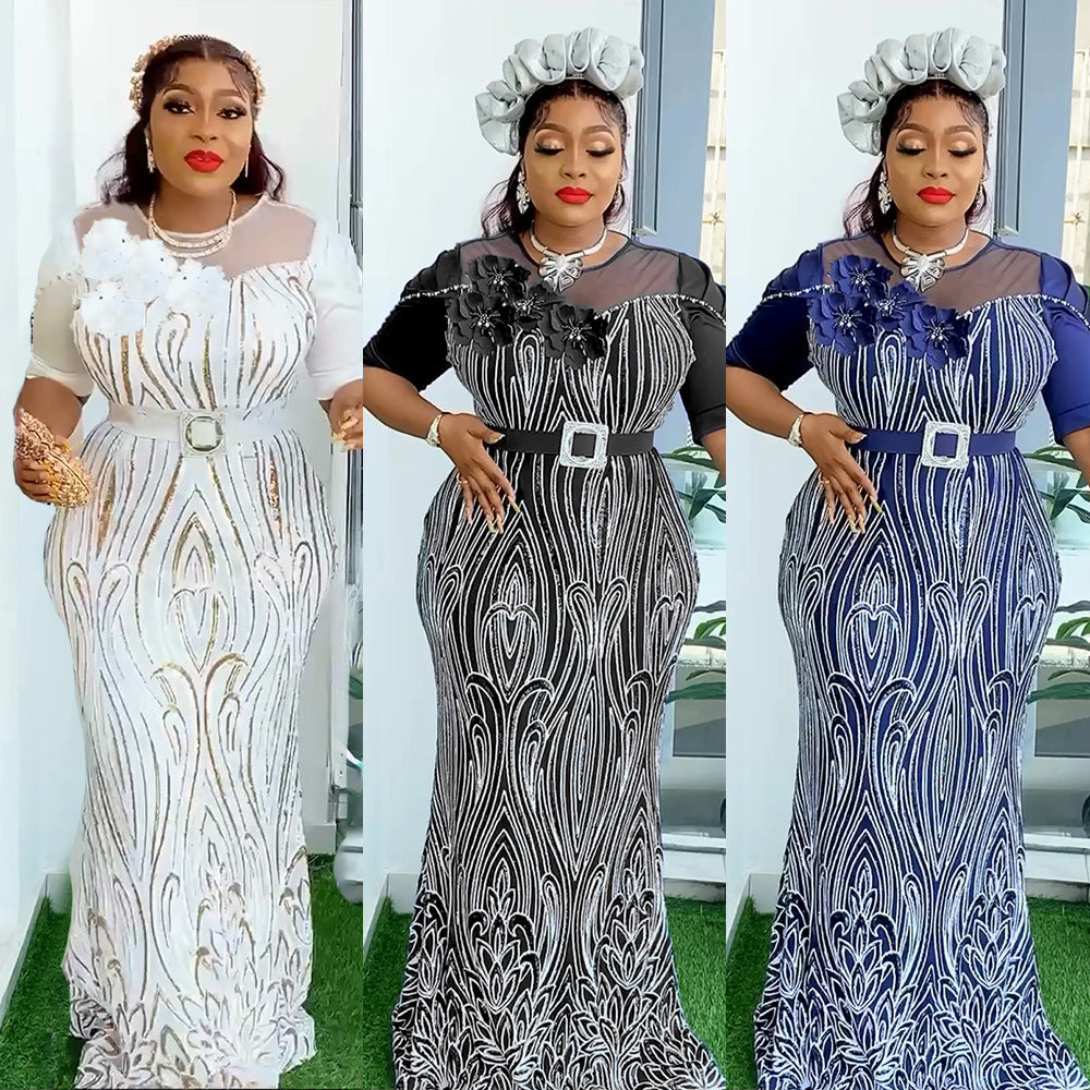e-commerce european and american sequined slim-fit mermaid evening gown maxi dress african women's clothing  plus size dress