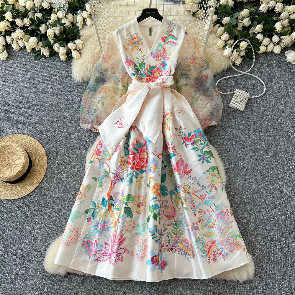 spring court style v-neck tie-waist mesh lantern sleeve printed slimming maxi dress