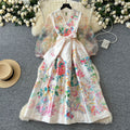 spring court style v-neck tie-waist mesh lantern sleeve printed slimming maxi dress