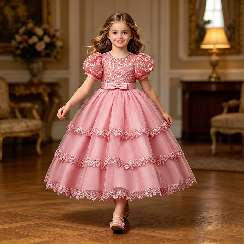 new arrival children's dress princess dress girl long dress short sleeve mesh tutu skirt lace costume in stock