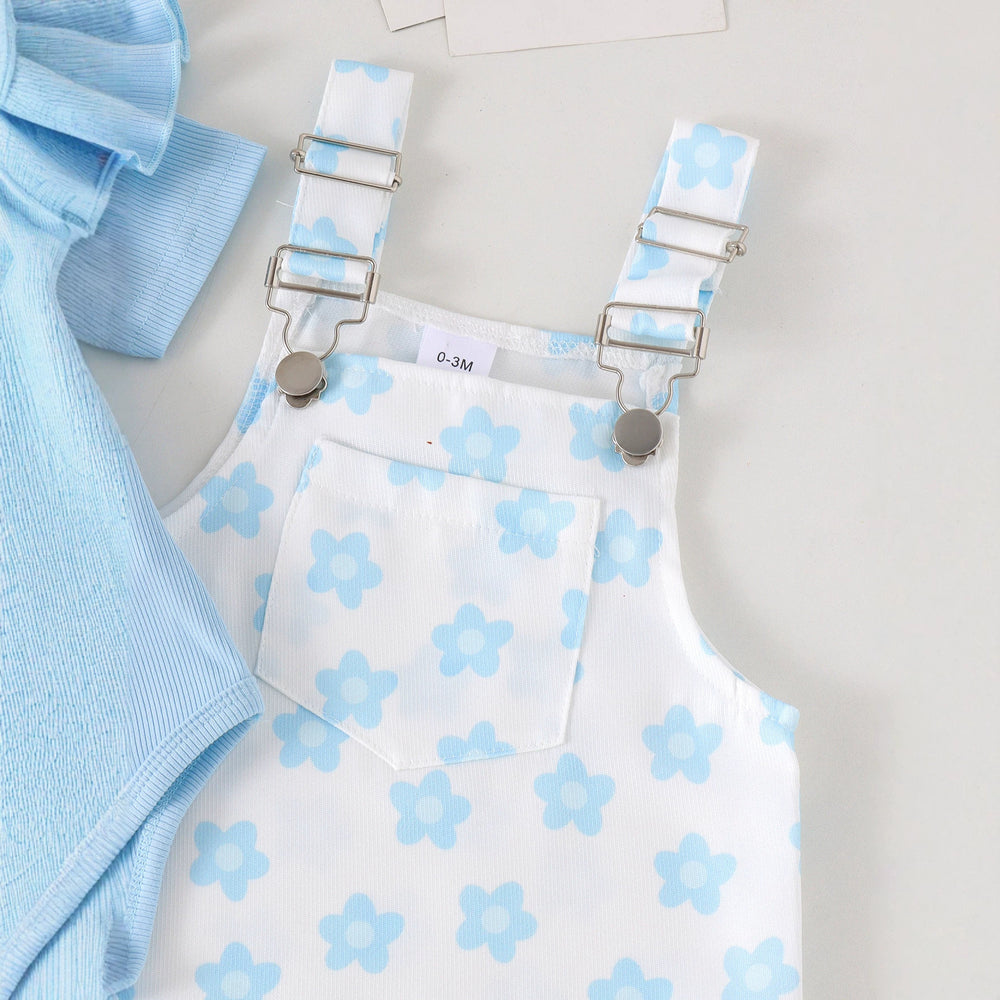 Baby girl light blue flying sleeve blue flower suspender skirt ruffle short-sleeved t-shirt floral suspender skirt fresh summer