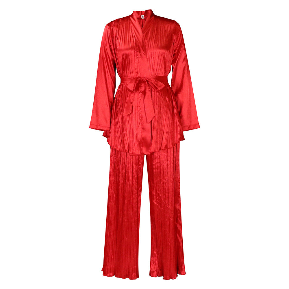 D360 cross-border women's fashion  solid color pleated loose long sleeve tie-up shirt and pants two-piece set - export outfit