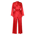 D360 cross-border women's fashion  solid color pleated loose long sleeve tie-up shirt and pants two-piece set - export outfit