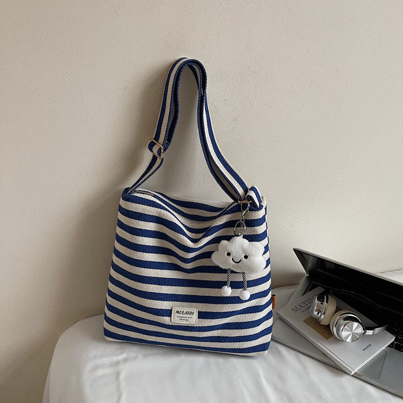 Cross-border striped bag women's large capacity 2025 new summer versatile casual messenger bag college student class tote bag