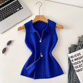 Korean style commute chic: women's summer slim-fit sleeveless knit vest with polo collar and zipper detail