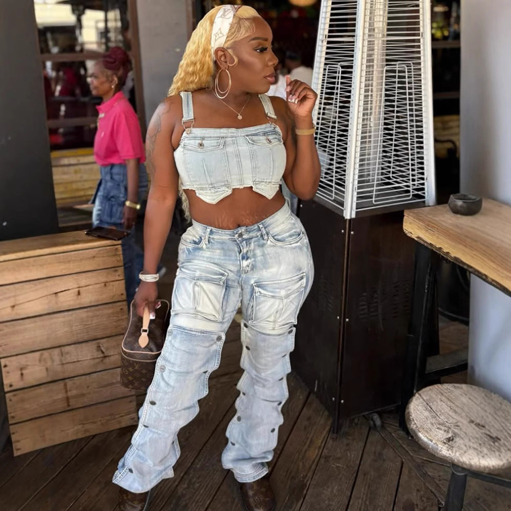 European and american style women's jeans -  cross-border fashion - summer trendy button-up patchwork 3d pocket denim cargo pants