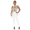 C6931 cross-border   fashion women's solid color mesh rhinestone sleeveless pants jumpsuit
