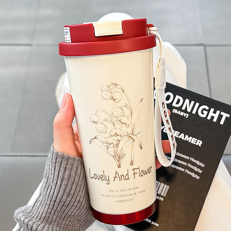 New 316 stainless steel lily of the valley insulated tumbler - stylish, portable coffee mug with dual-drink straw