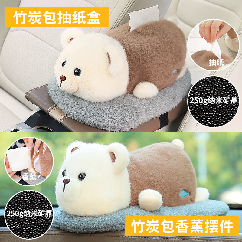 Car tissue box, armrest box, pumping carton, creative car bamboo charcoal bag ornament, high-end doll, car decoration