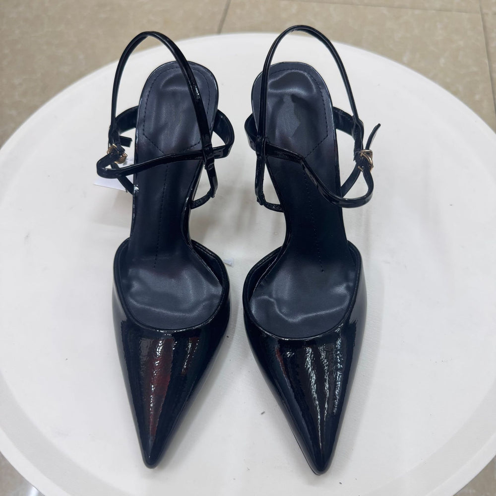 Spanish summer new arrivals: women's patent leather-effect pointed-toe high heel slingback mules with decorative straps and cutout detail