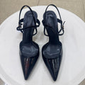 Spanish summer new arrivals: women's patent leather-effect pointed-toe high heel slingback mules with decorative straps and cutout detail