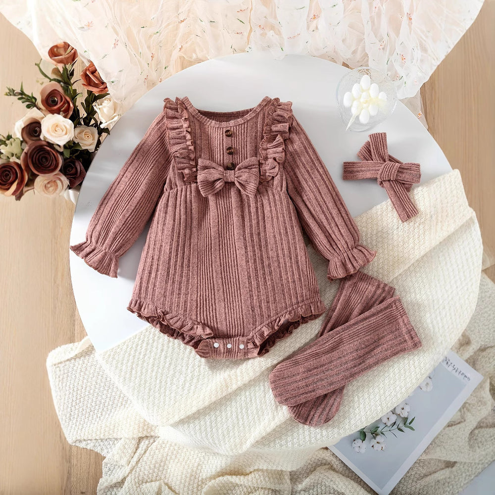 new product baby and children's fashion style thickened brushed knitting ruffles one-piece + socks + headscarf three sets