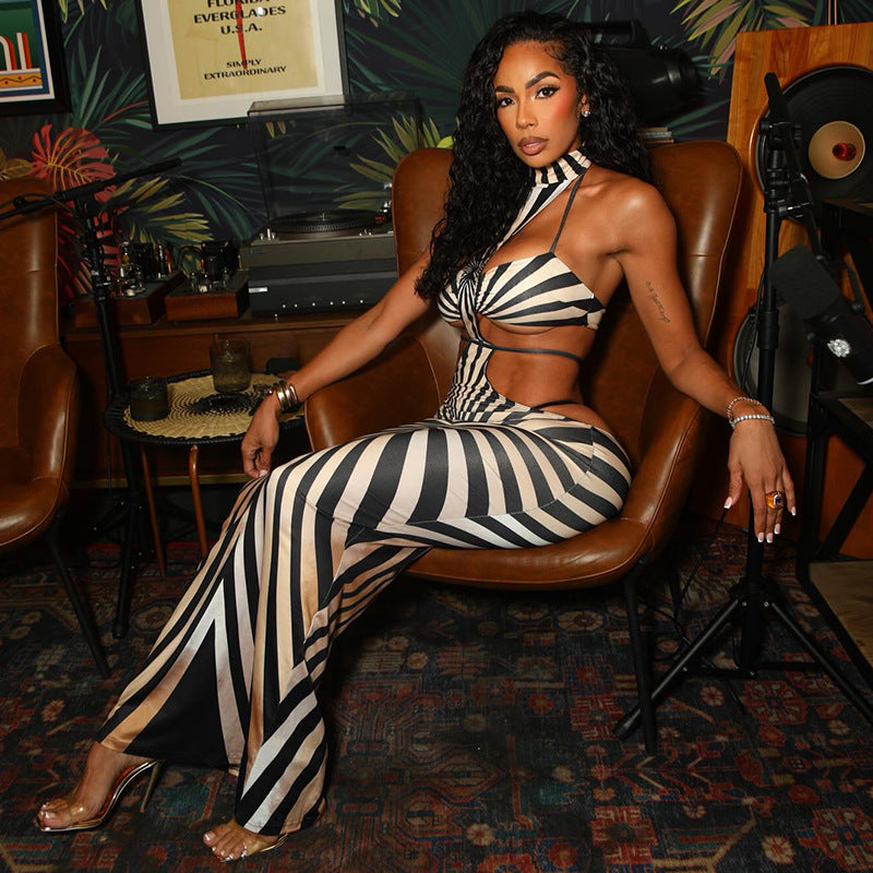 Fashion styleexport party hot women's clothing zebra print hip skirt backless hanging collar tie backnew arrivaldress