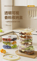 Multi-layered, stackable spice and dry ingredient storage container for home kitchens. keeps contents fresh, airtight, moisture-proof, insect-proof, and prevents flavor mingling. features a portable design