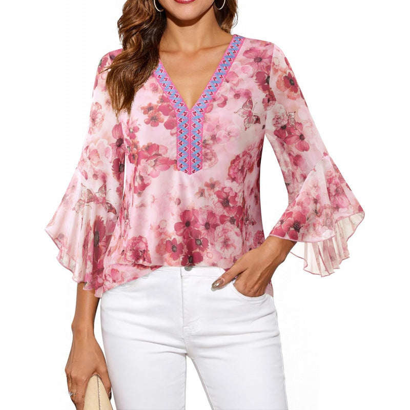 Amazon fashioneleganteleganceflowershirt women's  summer new ruffles sleeve v necktops
