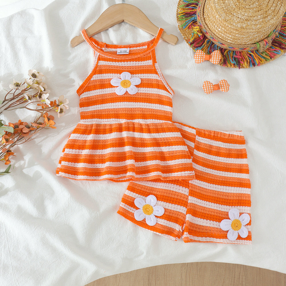 Children's clothing cross-border european and american girls' orange striped suspender tops+shortstwo-piece set