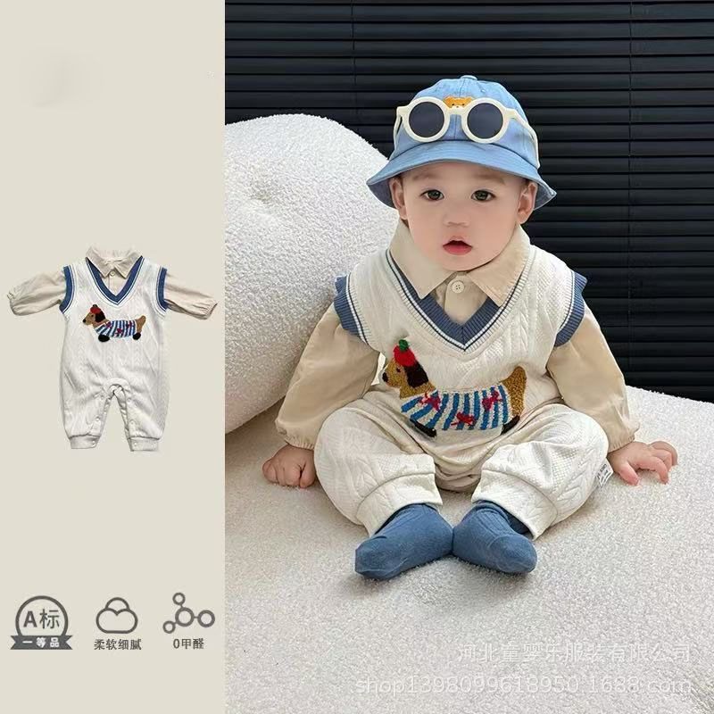 Baby spring autumnew arrivalgentleman knitting clothes long sleeves outing clothes infant super cute fake two-piece one-piece haha