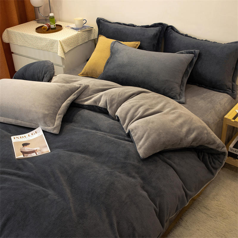 Solid color milk fleece four-piece set, fleece wholesale coral fleece bedding, bed sheet quilt cover, flannel bed three-piece set, winter